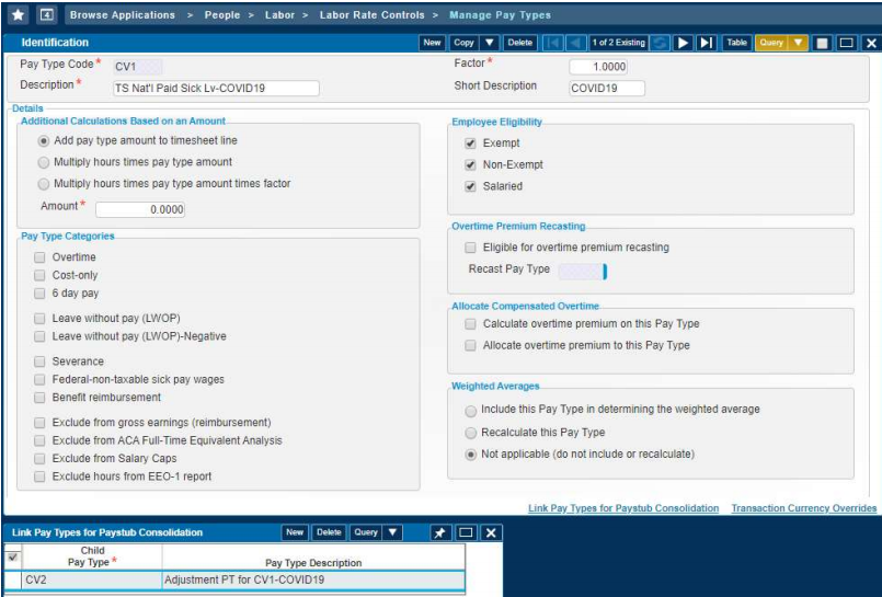 Costpoint Covid 19 Leave Pay Type Screenshot